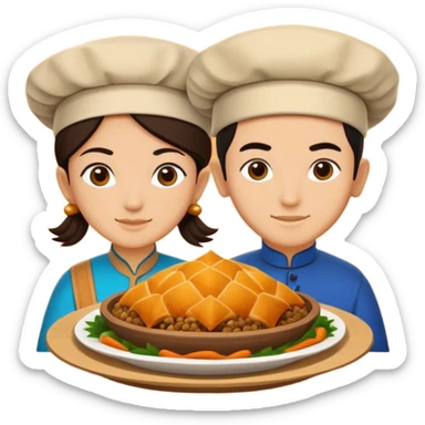 Uzbek cuisine humanless avatar in bright illustration. Classic dishes like plov and samsa, warm golden and earthy tones, simple shapes, flat design, high contrast, friendly and appetizing. sticker