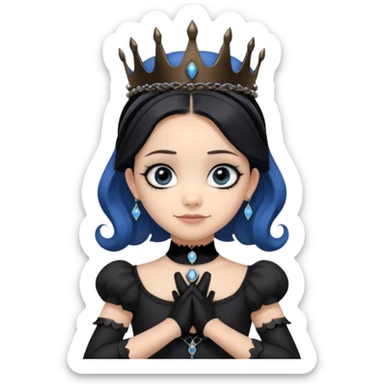 Tight fitting relaxed dressed, Holey and worn black evening gown with see-through wispy black gloves, holding arms-crossed in front smiling cute pose witchy mysterious Jenna Ortega as queen Wednesday Addams wearing a steampunk style mini tiara, very large blue evil-looking horned old evil eyes  sticker