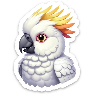 Cinematic Cute Cockatoo Portrait Emoji, Head tilted playfully and inquisitively, featuring a charming, fluffy form with a vividly colored crest, round, sparkling eyes full of playful wonder, and a soft, curved beak, Simplified yet irresistibly adorable features, highly detailed, glowing with a warm, inviting tropical glow, high shine, affectionate and lively, stylized with a touch of whimsical avian charm, soft glowing outline, capturing the essence of a mischievous yet loving cockatoo that seems as if it could flutter out of the screen into your arms! sticker