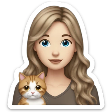 white girl with brown hair curtain bangs blue eyes holding 2 cats sticker