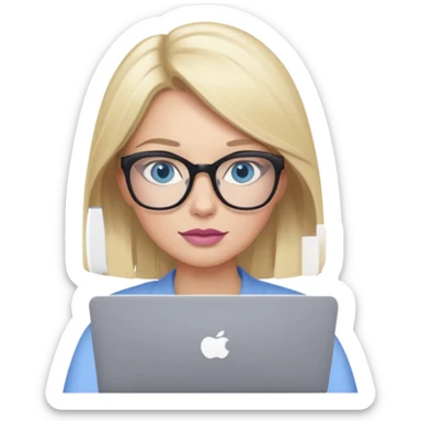 donna, occhi azzurri con occhiali, capelli medi, lisci e biondi, lavora usando il pc. Labbra color malva chiaro sticker