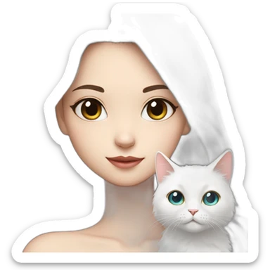 A girl with long dark hair and on her left shoulder and neck lies a white fluffy cat with eyes of different colors sticker