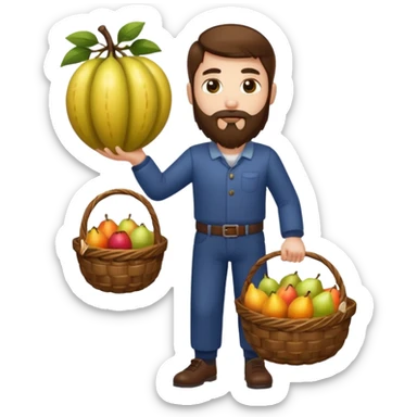 full body man long brown hair brown eyes medium beard white skin holding basket of strange glowing fruits sticker