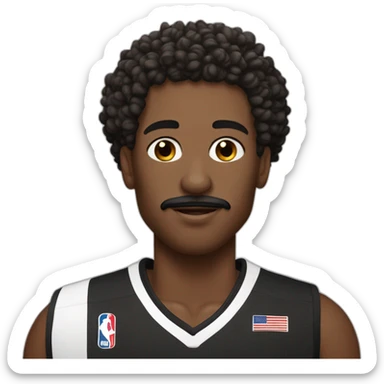 black basketball player with moustache curly hair and headband wearing black and white jersey holding the book sticker