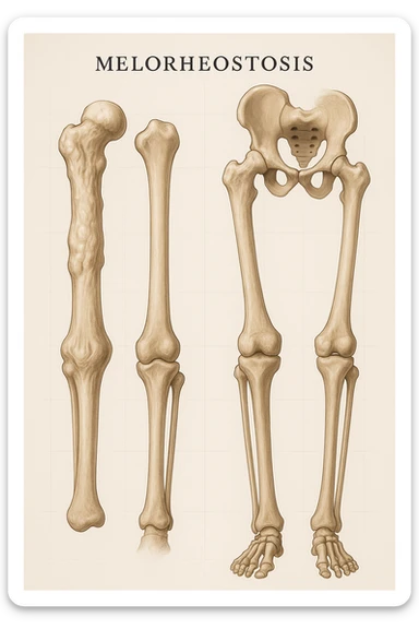 A highly realistic medical illustration focusing on a human arm and leg bones affected by melorheostosis. The bones appear visibly thickened, irregular, and larger than normal, with clear, layered bone growth resembling melted wax dripping down the side of the bones. The image shows a side-by-side comparison with a healthy bone for clarity, highlighting the difference in size and texture. The color palette includes neutral bone colors with subtle shading to show the abnormal contours and ridges. The background is clean and minimalistic, with faint anatomical grid lines for a scientific, educational feel. The overall mood is informative and precise, conveying the key visual characteristic of melorheostosis: progressive bone thickening that makes bones visibly larger and irregular. sticker