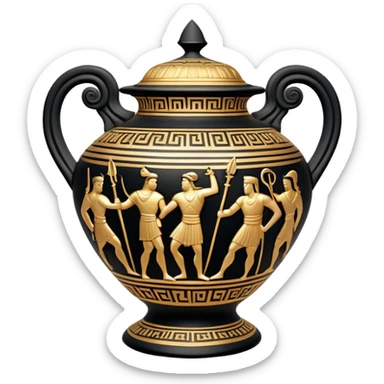 Cinematic-realistic Grecian urn, an exquisite black-figure pottery masterpiece resting in the dim glow of an ancient temple. Intricate golden depictions of two warrior fighting with spears and warriors encircle its curved form, telling timeless myths of heroism and tragedy.  sticker