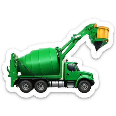 Green mobile compaction truck with a large, extendable arm from off the back of the truck and has a spiked round drum used to crush trash in an open-top dumster sticker