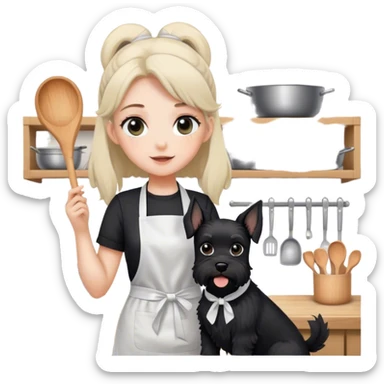 pale girl with long back hair wearing black long shirt wearing apron and baking holding black floppy ear schnauzer sticker