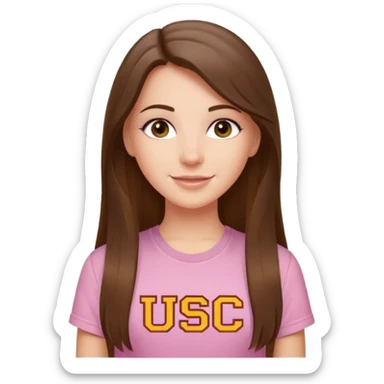happy white long brunette hair girl with hazel eyes and in a light pink shirt with the letters USC in white sticker