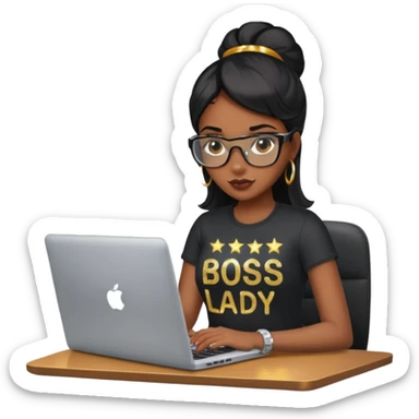 black pretty girl working hard with sparkles on laptop "boss lady" spelled out on shirt sticker