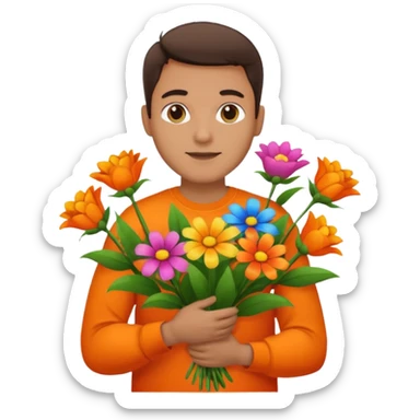 Man with bright orange shirt shirt carrying a bunch of flowers sticker