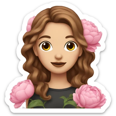 white girl with brown wavy hair holding pink peonies  sticker