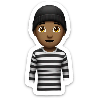 Robber with a black beanie and a striped white and black shirt sticker