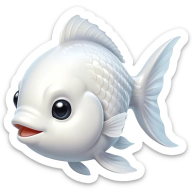 Cinematic Cute White Goldfish Portrait Emoji, Head tilted playfully and inquisitively, featuring a glossy, pure white body with delicate, shimmering scales and round, sparkling pale eyes filled with curiosity, Simplified yet irresistibly adorable features, highly detailed, glowing with a warm, friendly glow, high shine, affectionate and lively, stylized with a touch of whimsy, bright and endearing, soft glowing outline, capturing the essence of a mischievous yet loving goldfish, so playful it feels like it could swim out of the screen and into your heart! sticker