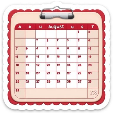a monthly calendar labeled “August,” with rounded square date boxes, scalloped border frame, playful red doodle lines, and a cozy planner vibe. Minimal kawaii style, flat pastel color palette, slightly imperfect sketch lines, centered object, no background sticker