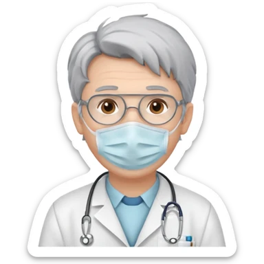 This is a cartoon-style avatar of a doctor with gray hair, wearing a face mask sticker