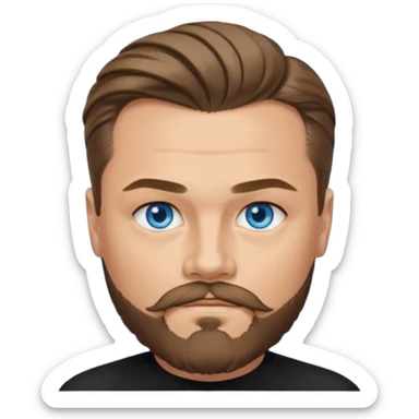 a good looking like leonardo di caprio blue eyes, beard, mustache, a black shirt, green eyes, hair tied to the back sticker