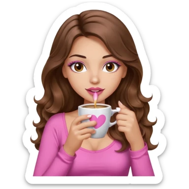 girl with long wavy brown hair, brown eyes, light to medium complexion, in a pink sexy top, pink lips, long lashes sipping coffee sticker