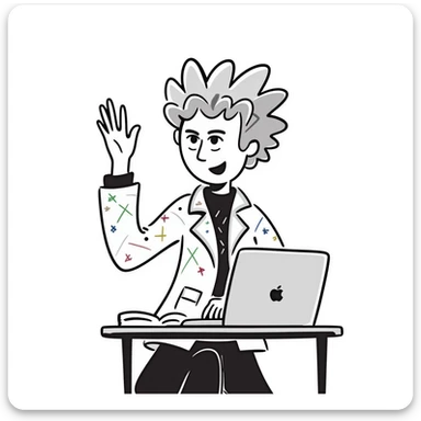 Edgy female rock musician with colorful tattoo sleeve, undercut hairstyle with vibrant dyed hair, wearing leather jacket, sitting at classroom desk with laptop, hand raised enthusiastically sticker