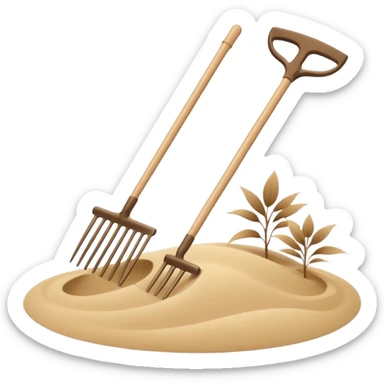 Minimalist emoji of a Japanese zen garden rake with four teeth, elegant thin lines, light wood tone, sand-beige palette, flat vector style, calm and balanced aesthetic, zen-inspired, transparent background, premium minimal design sticker