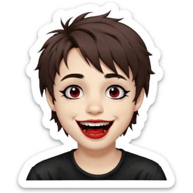 Laughing pale Goth boy with shaggy brown hair, and messy black eyeliner , smudged, red, lipstick  sticker