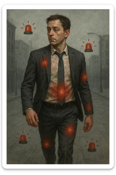 Uomo di circa 35 anni in giacca e cravatta, cammina deciso mentre il suo corpo invia segnali visibili: zone arrossate su addome, testa e articolazioni, occhi stanchi, pelle spenta. Intorno a lui appaiono simboli di allarme (come piccole icone rosse di dolore o stanchezza), ma lui guarda altrove con espressione indifferente o distratta. Sfondo urbano, giornata grigia, atmosfera di disconnessione mente-corpo. Stile realistico con accenti metaforici. sticker