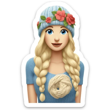 beautiful finnish blonde woman with blue eyes knitting floral hat sticker