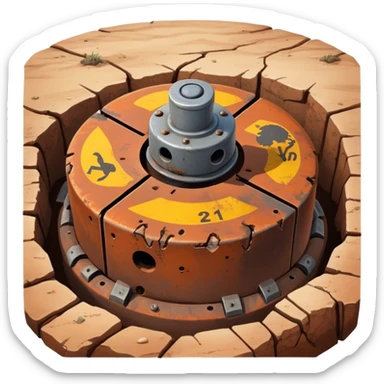 A close-up of an old, rusty landmine partially buried in the ground, with a weathered surface and warning signs around it, in a desolate, war-torn landscape sticker