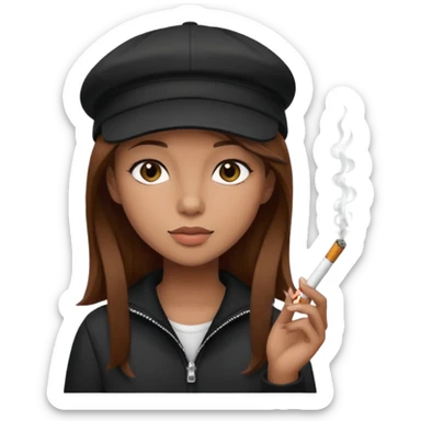 A girl with brown hair with a cigarette and a black cap sticker