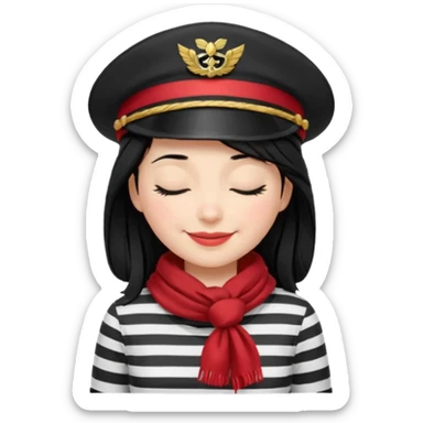 marinera de pelo negro piel blanca con camisa a rayas blanco y negro y pañuelo rojo y gorra de capitana y sonrisa con ojos cerrados sticker