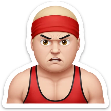 Close-up of white skin fat guy with young face, no muscle with prominent black durag, completely shaved face, no beard or mustache, black eyes in a red and black wrestling singlet with angry face sticker