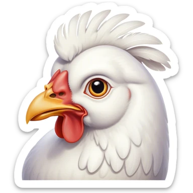 Cinematic Noble White Chicken Portrait Emoji, Poised and regal, with a compact, sturdy build and a pristine, well-groomed pure white plumage, deep-set soulful beady eyes, Simplified yet sharp and sophisticated features, highly detailed, glowing with a soft, dignified glow, high shine, intelligent and alert, stylized with an air of barnyard elegance, focused and attentive, soft glowing outline, capturing the essence of a watchful and confident fowl, so majestic it feels as though it could strut out of the screen with effortless authority! sticker