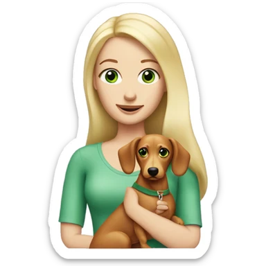Blond woman with green eyes holding a wiener dog sticker