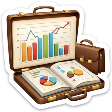 Icon for Business Reading: an open book with a chart and graphs emerging from the pages, surrounded by a briefcase, a laptop, and a pen. The icon should represent the knowledge and strategies found in business literature. Transparent background. sticker