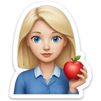blonde hair blue eyes teacher female with one apple and chalkboard sticker