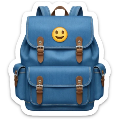 An emoji-style blue denim backpack with a flap top and two small buckle straps attached only on the flap, not connected to the front panel. No front pockets or vertical straps below the flap. Clean and minimal design with two side pockets. Cartoon icon, front view.



 sticker