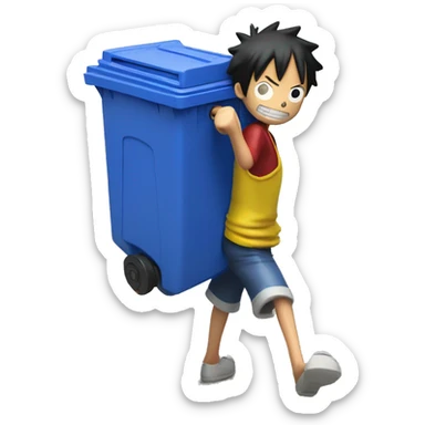 Luffy from one piece taking out his recycling bin, which has a blue body and yellow lid. He is dragging the bin outside sticker