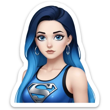 Back up-very very large chest-gorgeous face-black leggings-very long straight dark blue to light blue ombre hair-and-blue eyes-a lot of black eyeliner-thick long eyelashes-sky blue low cut tanktop with glitter superman logo-silver hoop earrings sticker