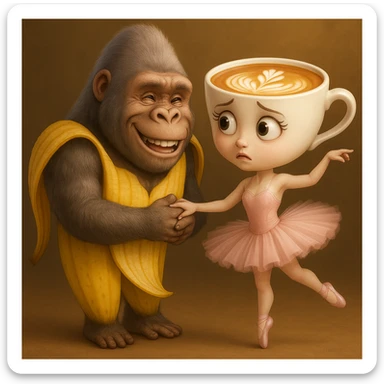 Edit the image to make the ballerina coffee cup character confused and the gorilla-banana character happy, keeping their original style, outfits, and colors exactly as in the reference image. sticker