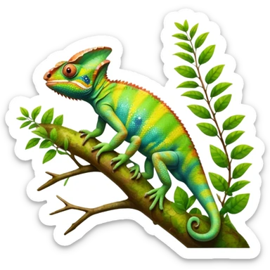 Giant Chameleon blending into natural surroundings, perched on a branch. Its vibrant colors shift with the environment. Lush greenery, branches, and soft sunlight create a peaceful, nature-filled background. Transparent background, showcasing the chameleon's colorful, textured skin. sticker