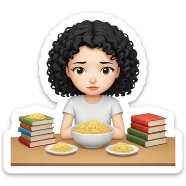 generate a pretty bratz fair skinned girl with curly black hair wearing a white tshirt sitting on a table with noodles and books. looking sleepy and tired sticker