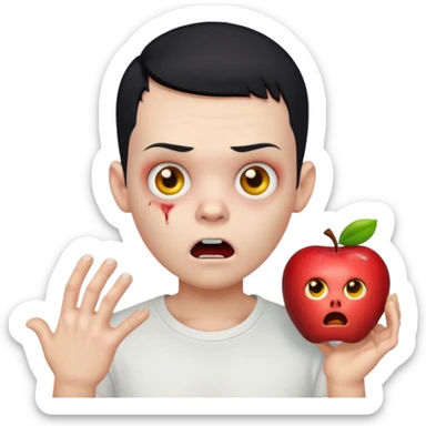 zombie boy with black buzz cut hair and white t shirt, surprised expression, apple style emoji sticker