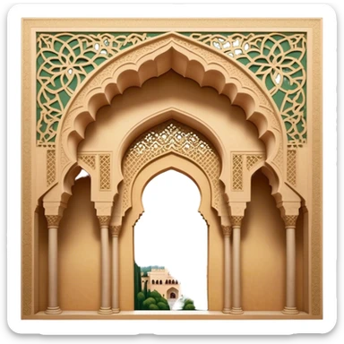 Alhambra – Cinematic Realistic Alhambra, depicted as a majestic Moorish palace with intricately carved arches, lush courtyards, and detailed tile work, bathed in soft golden light and dynamic shadows that highlight its opulent historical beauty. sticker
