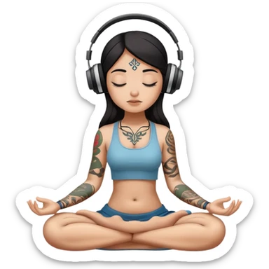 Long nose dark hair girl with tattoo on her neck meditates sitting and there are earphones on her head sticker