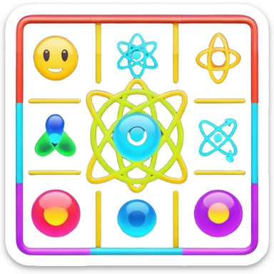 Generate 8 unique emoji-style icons representing chemical element tiles, atomic symbols, colorful science grid blocks, and laboratory chemistry themes. sticker