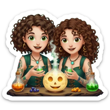 forest alchemist duo two women curly long hair tattooed and short brown hair mixing glowing moon potion together excited faces sticker