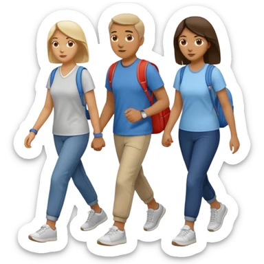 iOS emoji style - a men and 2 women in casual clothes and wearing trainers. Walking in the same direction quickly together. 
Not holding hands. No backpacks. 
 sticker