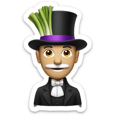 Man holding a leek wearing a top hat with a purple band sticker