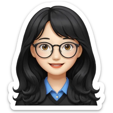 Please generate a portrait of a pretty girl with long, wavy, black hair. She's smiling. She also wears a middle parting and bangs. with glasses pink wonyoungsim from ive fom kpop group sticker