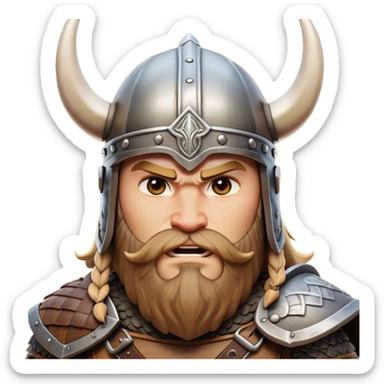 Clash of Clans aesthetic: Cinematic Fierce Viking Portrait Emoji, Poised and bold with a rugged yet stylized build, wearing a simple horned helmet and sporting a neatly trimmed beard, his face rendered in a natural skin tone, intense eyes reflecting fierce determination, Simplified yet dynamic features, highly detailed, glowing with a cool, battle-ready radiance, high shine, brave and resolute, stylized with an air of ancient Nordic valor, focused and commanding, soft glowing outline, capturing the essence of a fearless Viking adventurer ready to set sail on epic quests! sticker